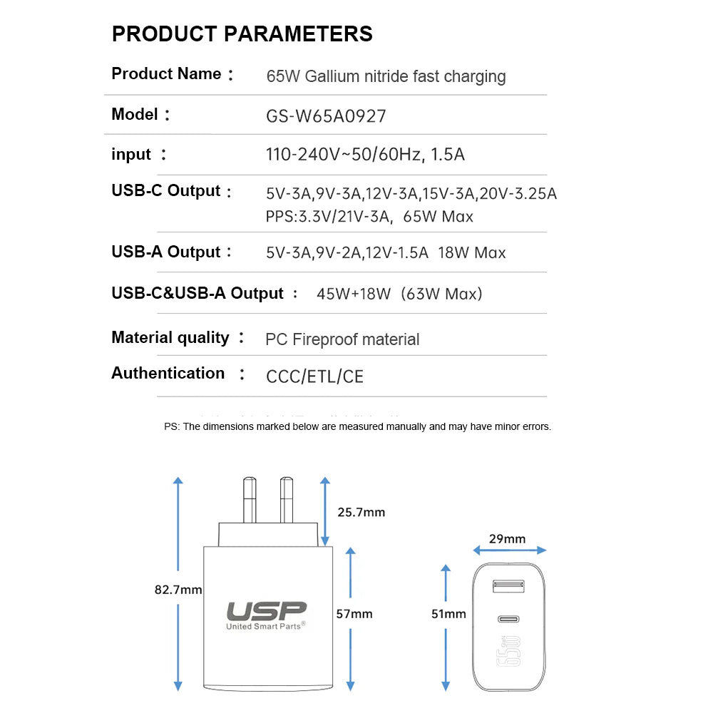 65W USB-C USB A Dual Ports Apple MacBook Compatible Fast Charging GAN Charger (Brand New)