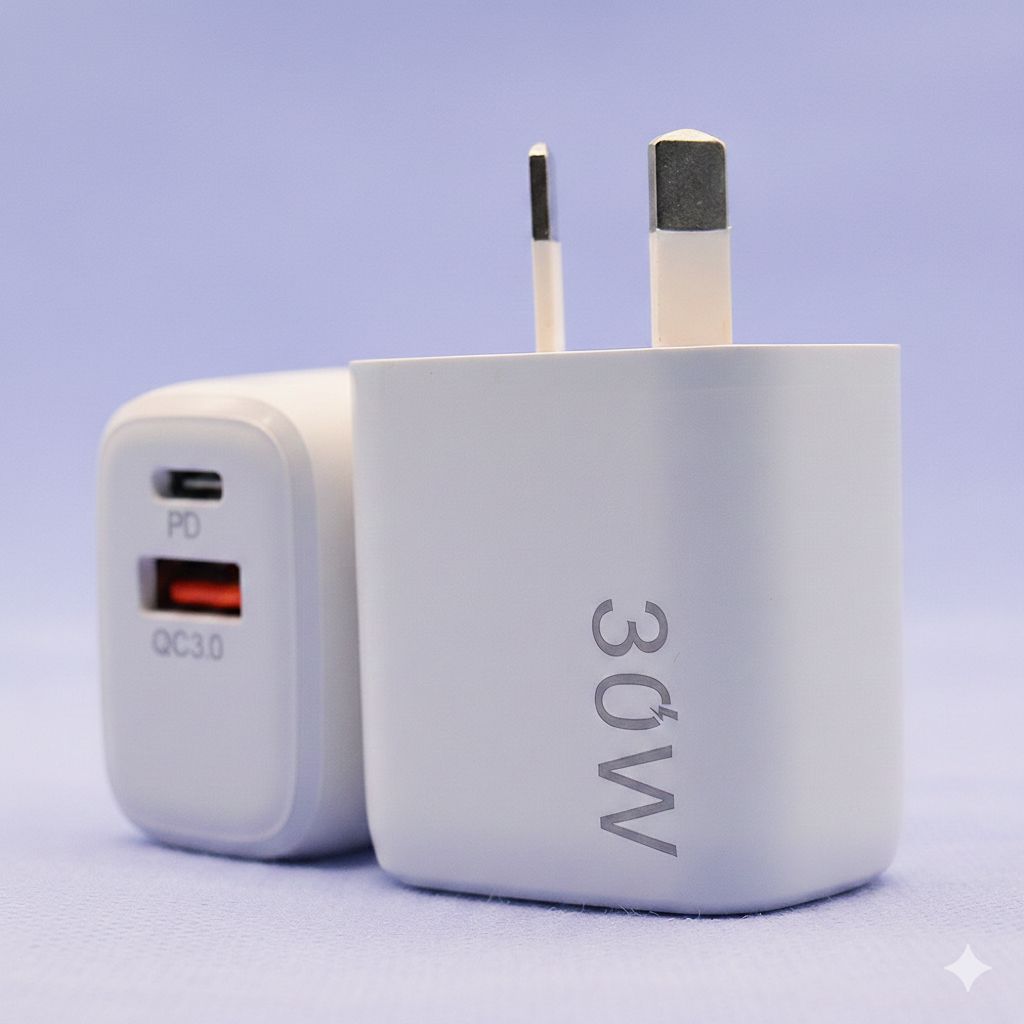 30W Dual-Port Fast Charger – USB-C PD & USB-A QC3.0 (MacBook Air, iPad, iPhone)